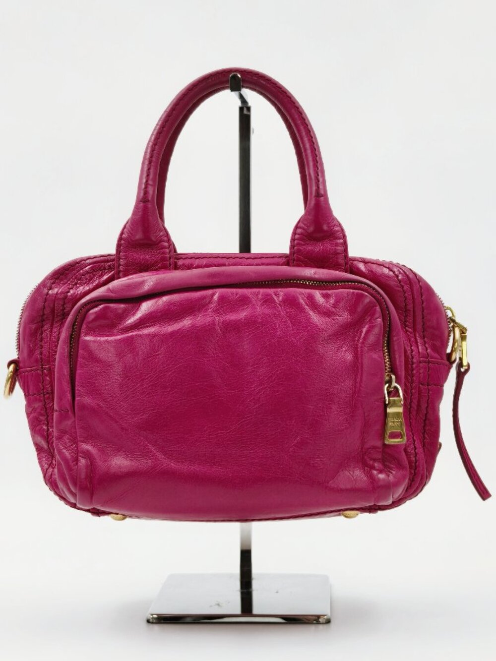 Prada Pink Leather Satchel Handbag Top Handle Gold Hardware Zip Pocket